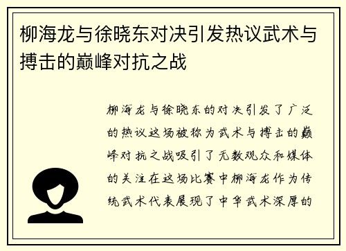 柳海龙与徐晓东对决引发热议武术与搏击的巅峰对抗之战